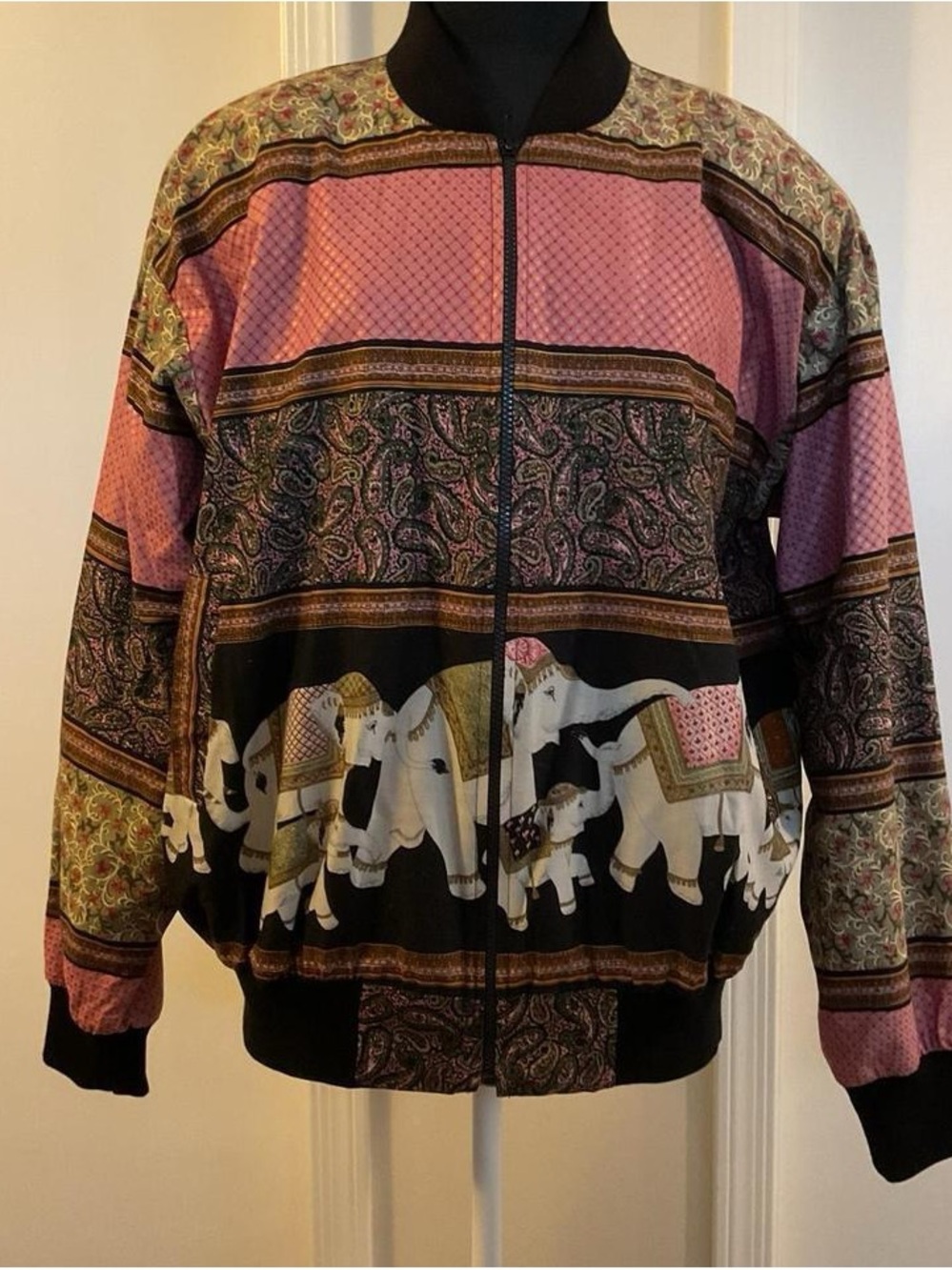 VTG Krist Gudnason Elephant Paisley Bomber Jacket Large Pink Black Boho Hippie